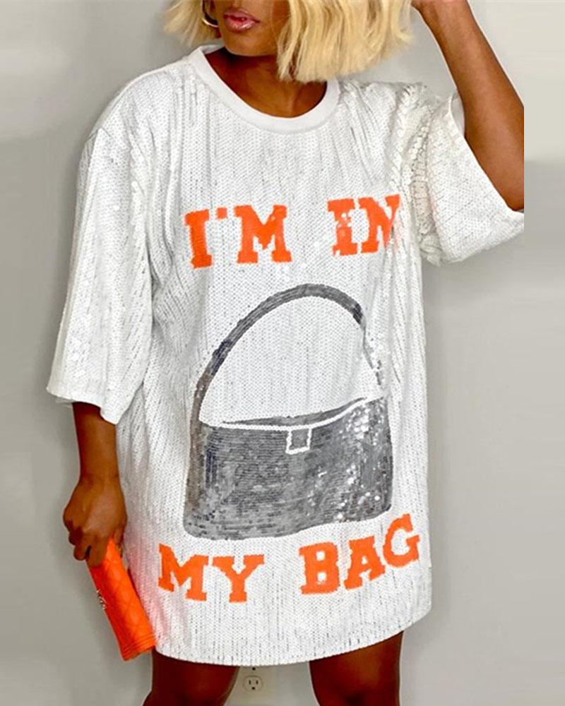 

I'm In My Bag Graphic Allover Sequin Dress, White