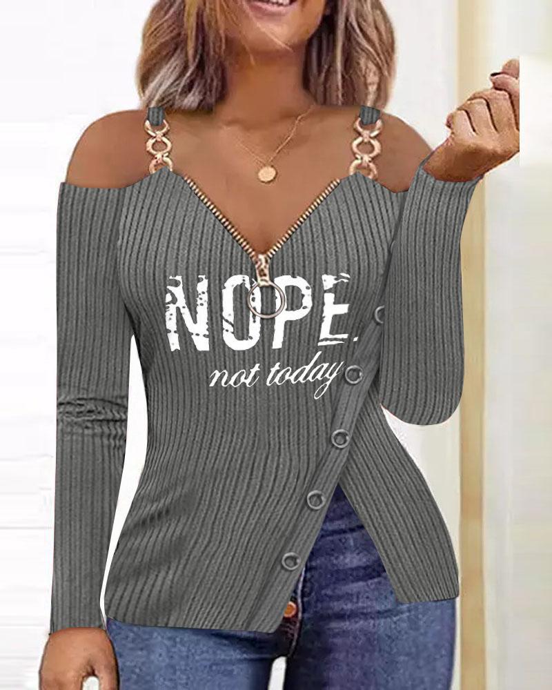

Letter Print Zip Detail Cold Shoulder Top, Gray