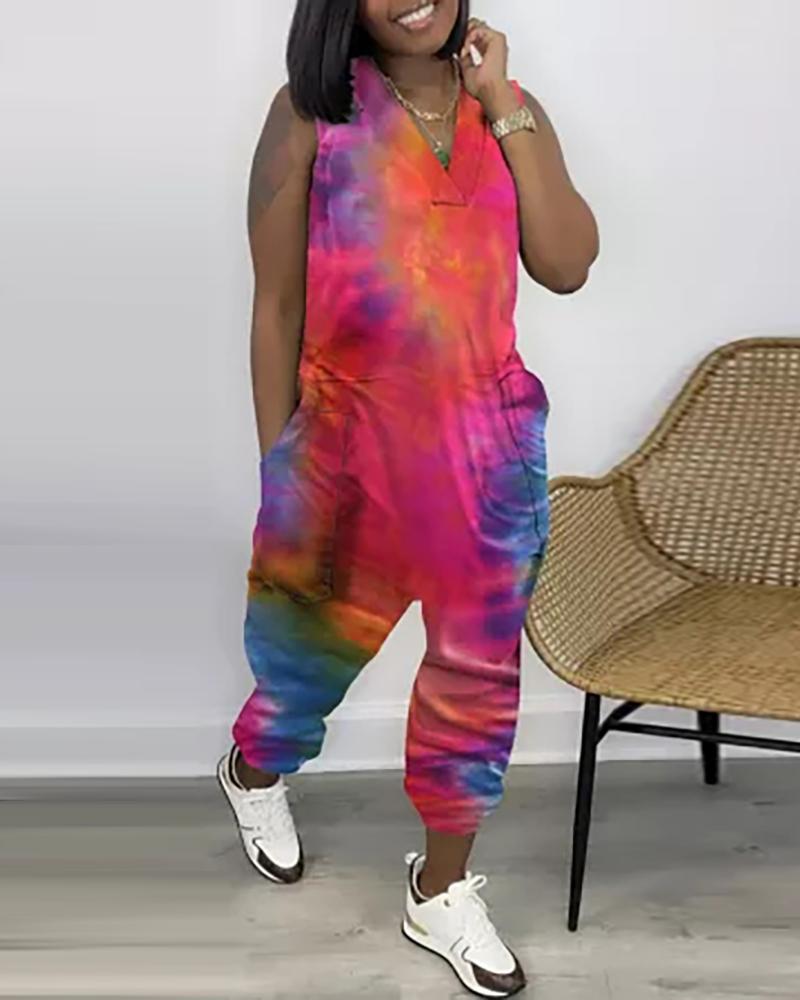 

Tie Dye Print Pocket Design Sleeveless Jumpsuit, Red