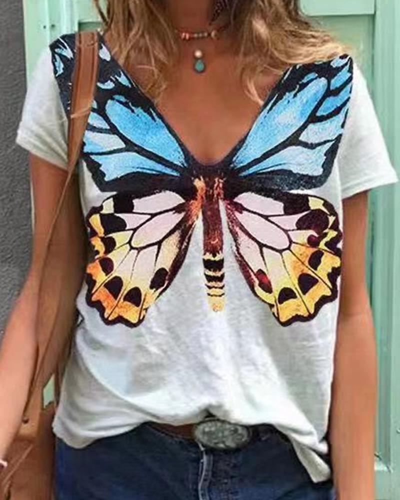

Butterfly Print Short Sleeve Loose T-shirts, White