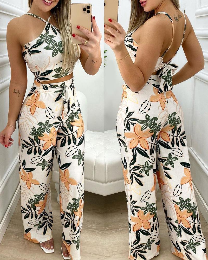 

Tropical Print Halter Backless Crop Top & High Waist Pants Set, White