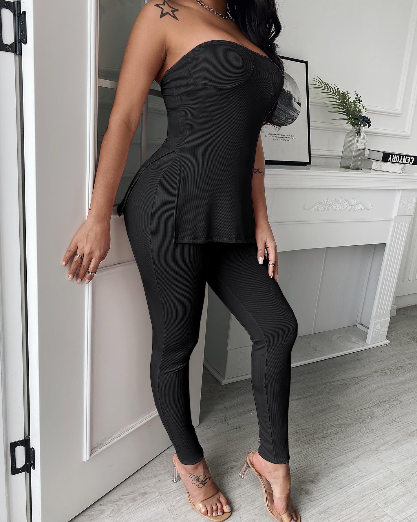 

Plain Blouse & Slit Pit Pants 2 PCS Set, Black