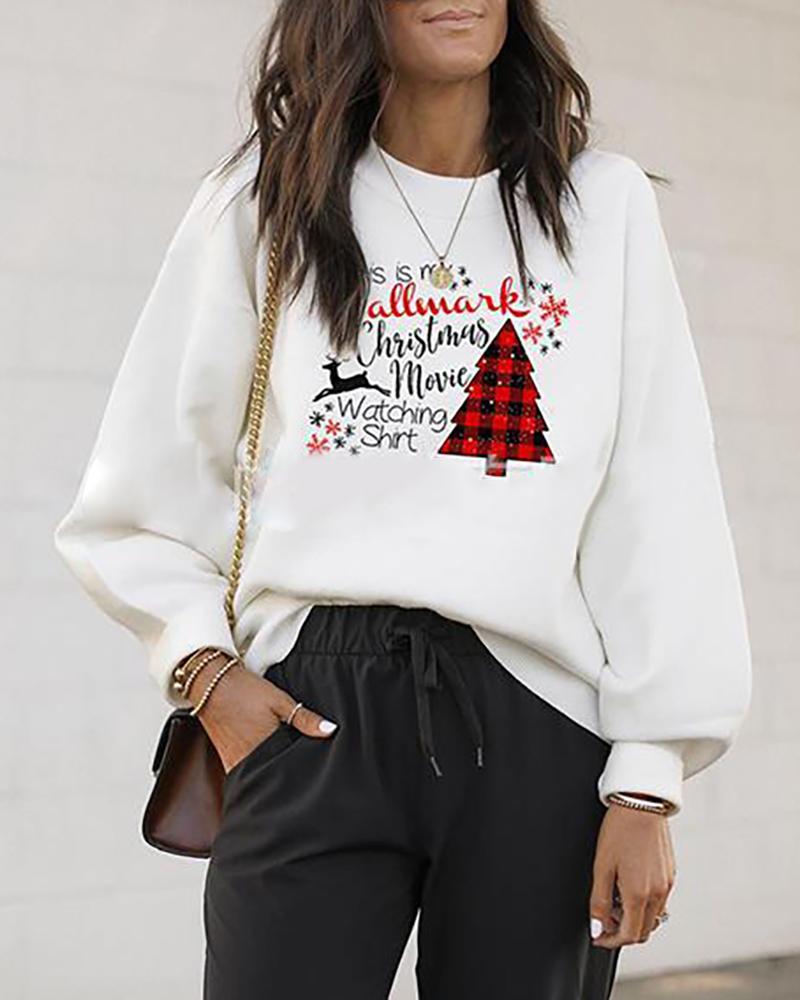 

Christmas Long Sleeve Casual Letter Tree Print Sweatshirt, White