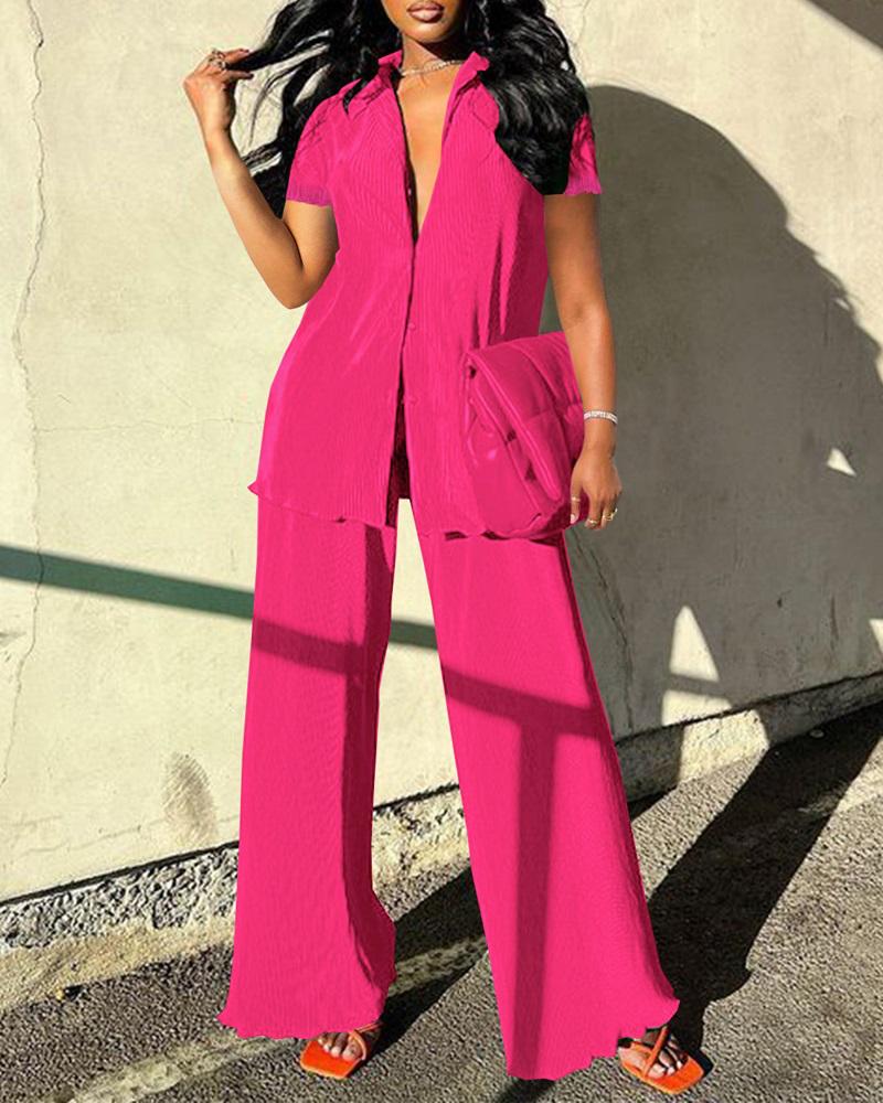 

Short Sleeve Button Down Shirt & Pants Set, Hot pink