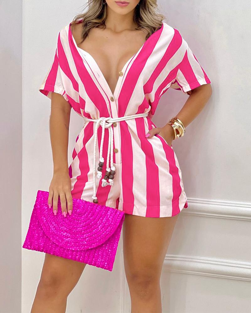 

Striped Print Button Front Romper, Rose red