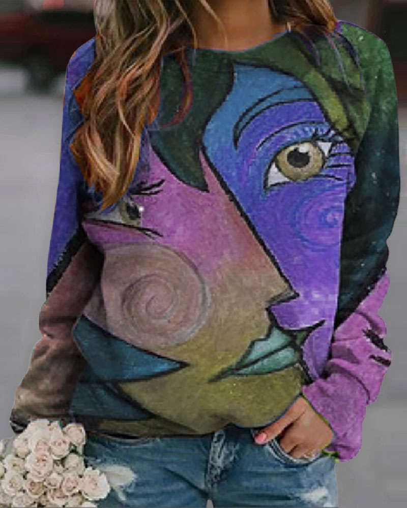 

Figure Pattern Print Colorblock Long Sleeve Top, Purple