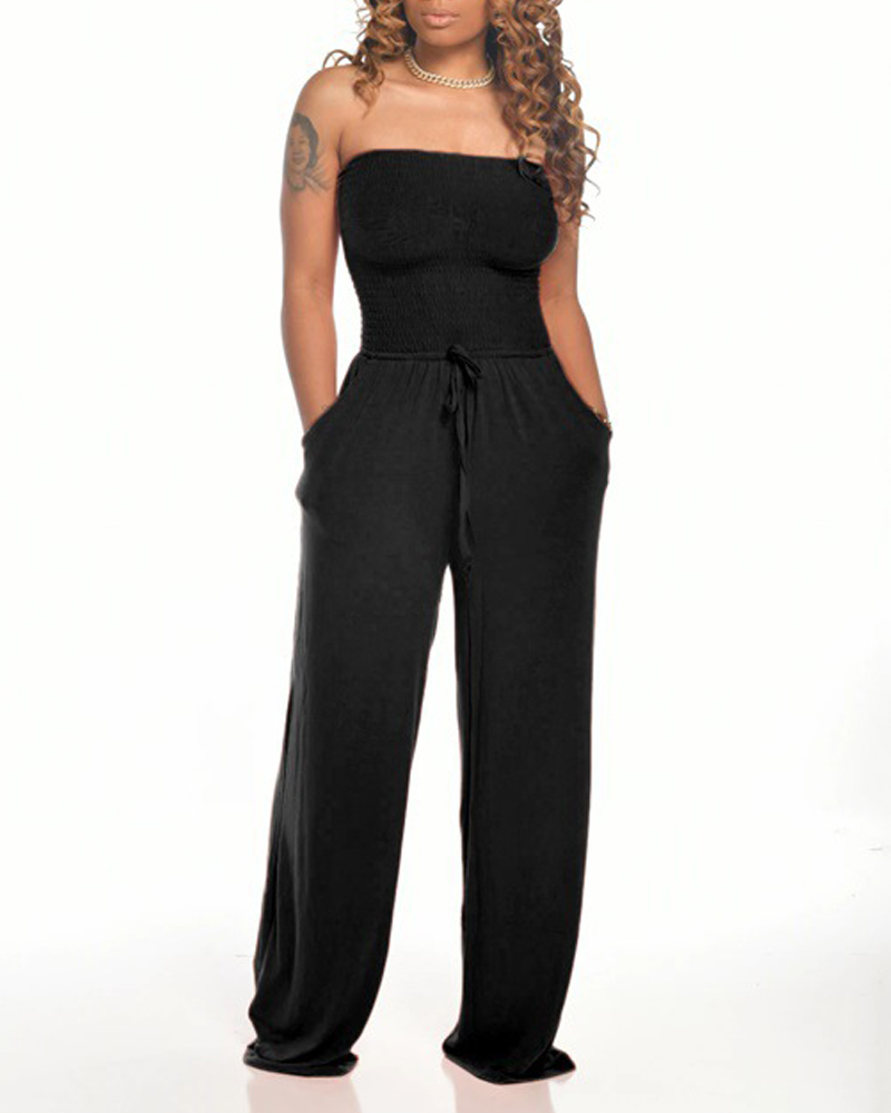 

Shirred Bandeau Pocket Detail Drawstring Jumpsuit, Black