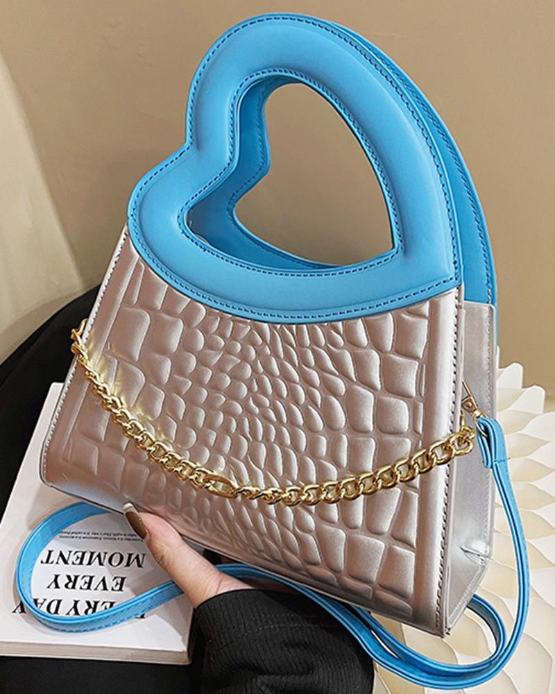 

Heart Shaped Handle Chain Decor Magnet Handbag, Silver