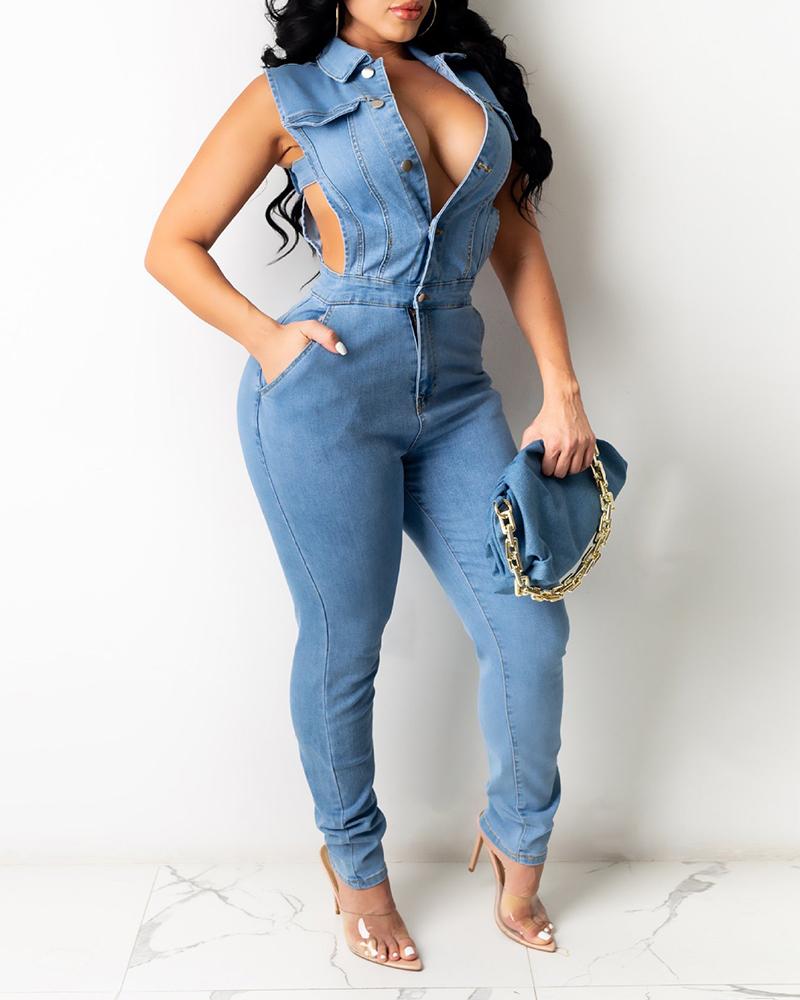 

Pocket Button Design Cutout Denim Jumpsuit, Blue