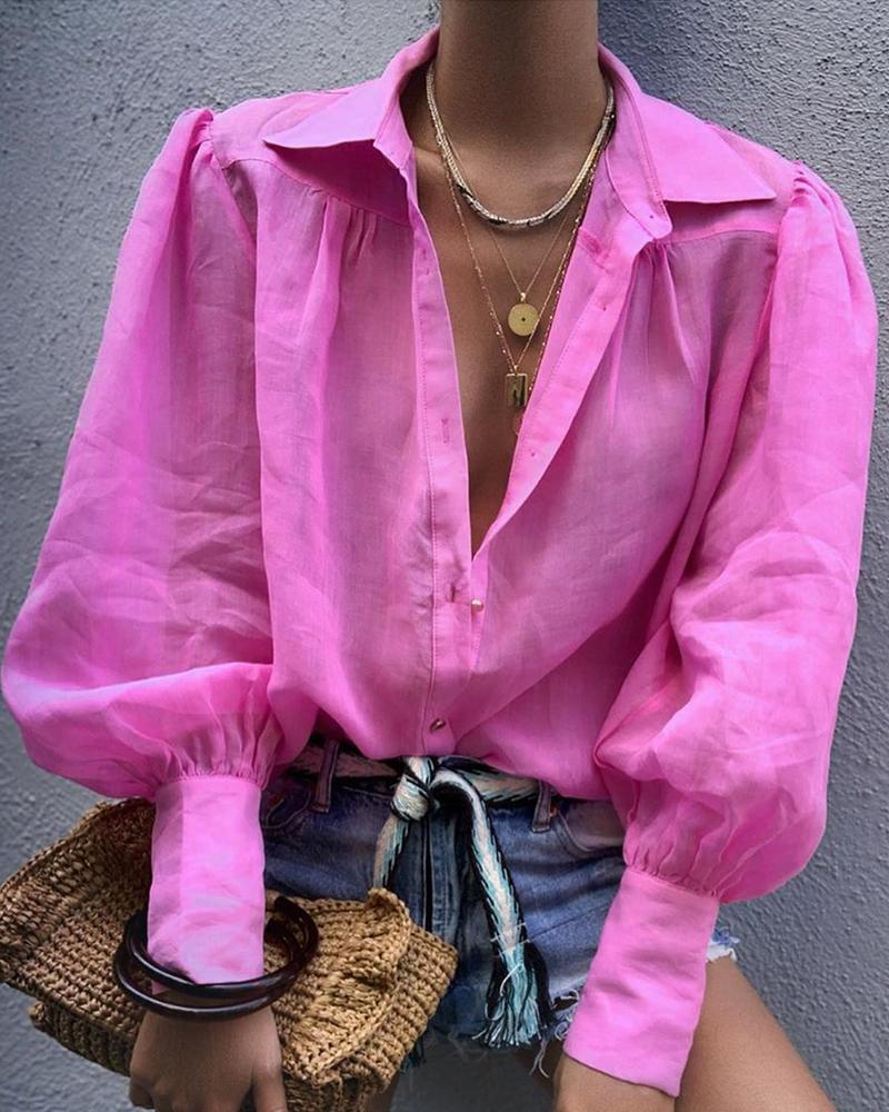

Puff Lantern Sleeve Button Down Shirt, Hot pink