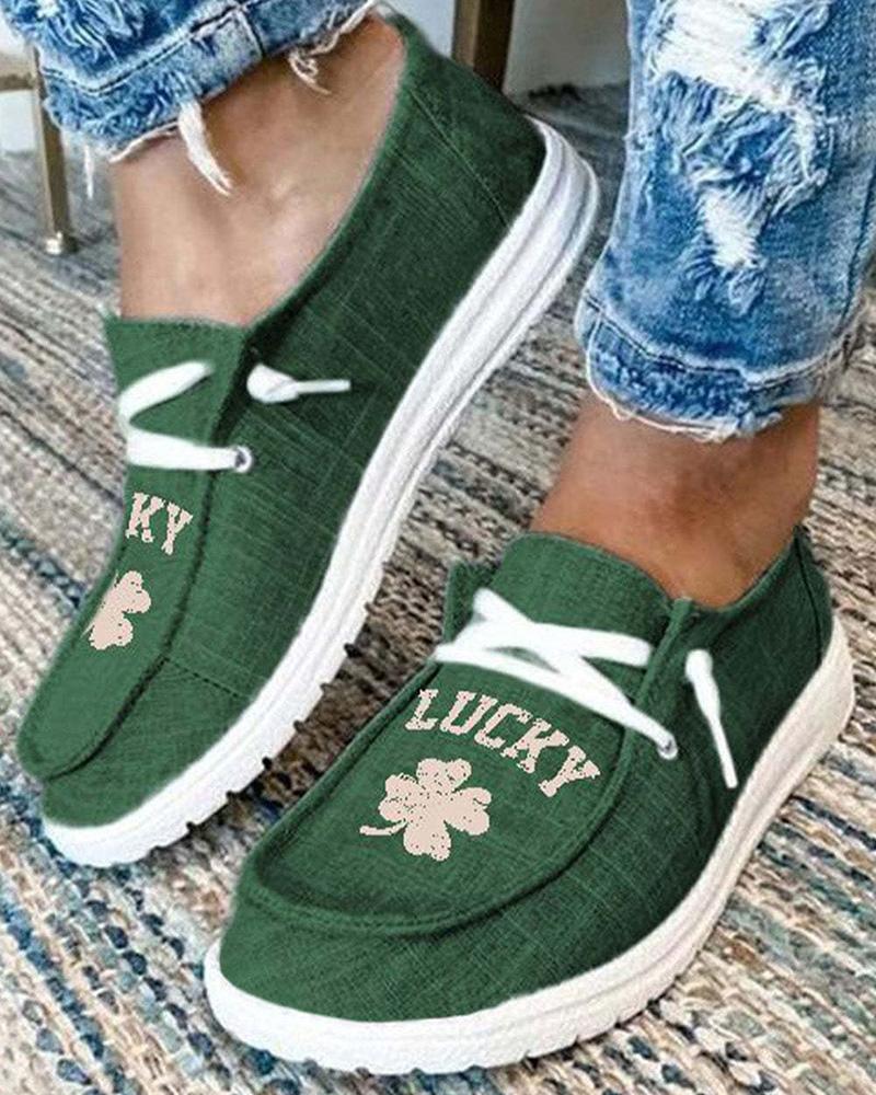 

St. Patrick's Day Letter Lucky Clover Print Lace-up Loafers, Green