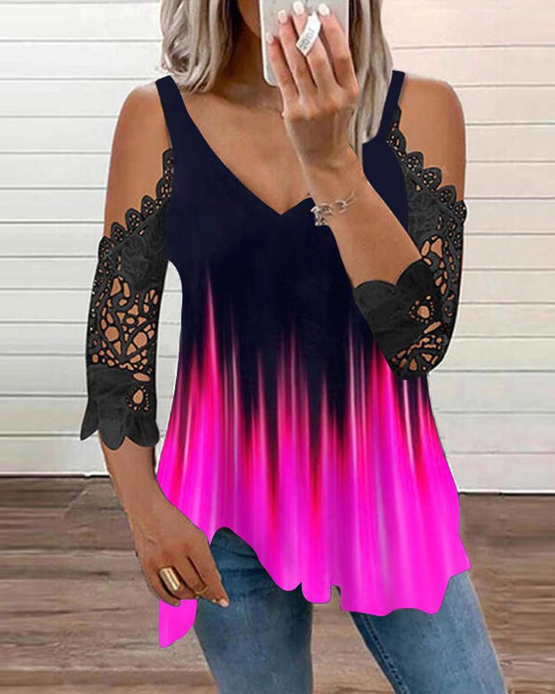 

Colorblock Contrast Lace Cold Shoulder Top, Hot pink