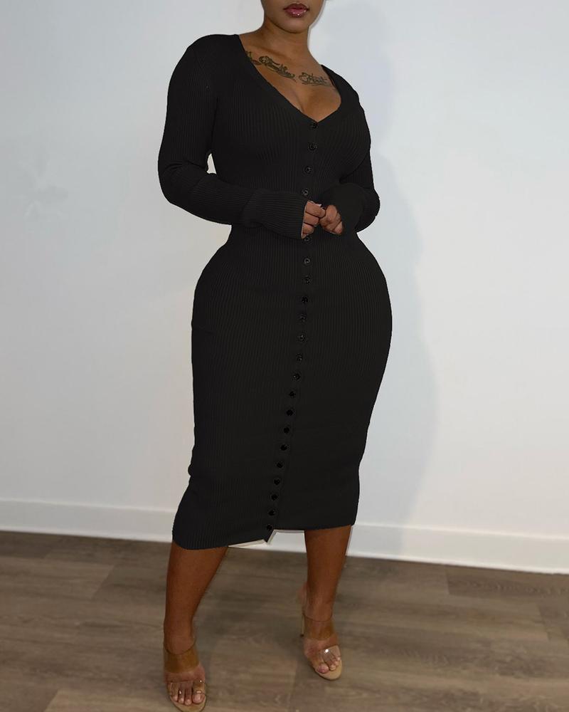 

V-neck Button Design Long Sleeve Casual Dress, Black