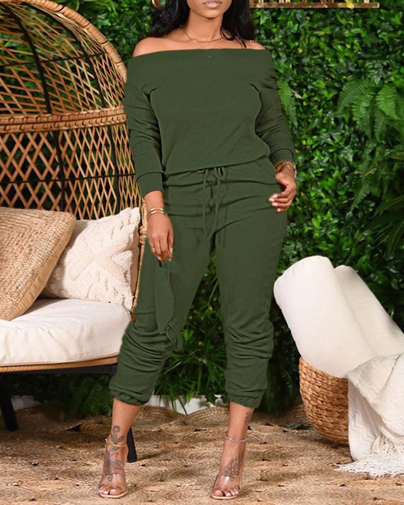 

Plus Size Plain Long Sleeve Top & Drawstring Pants Set, Army green