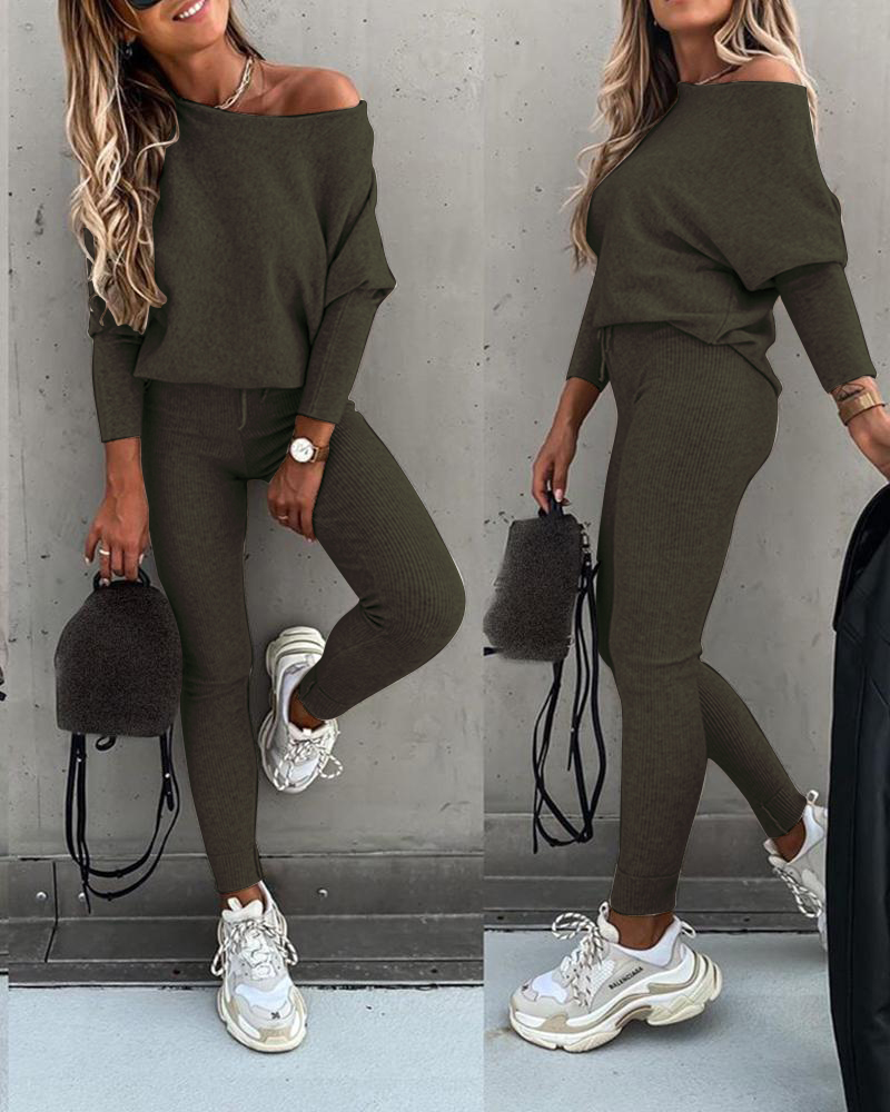 

Long Sleeve Top & High Waist Drawstring Pants Set, Army green
