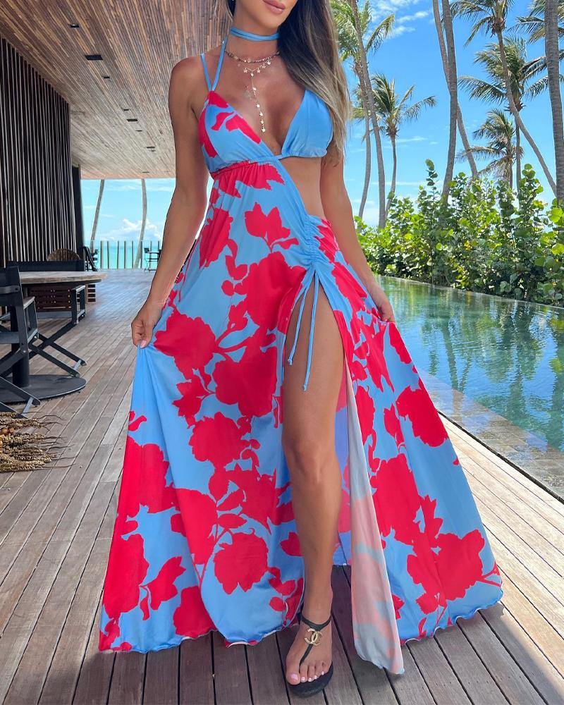 

Floral Print Cutout Backless Drawstring High Slit Maxi Dress, Blue