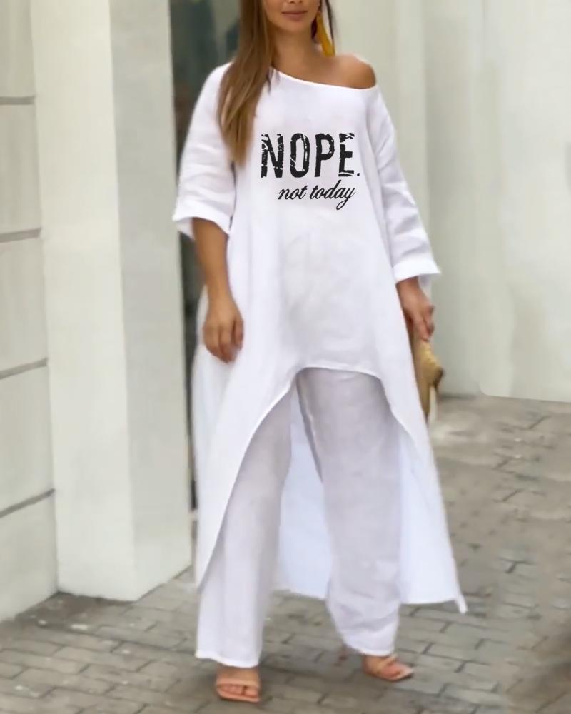 

Nope Not Today Print High Low Hem Top & Pants Set, White