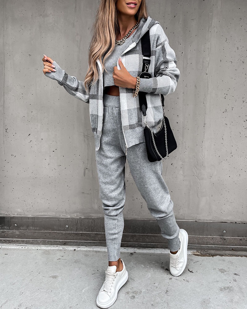 

Knit Tank Top & Pants Set With Plaid Print Hooded Coat, Gray