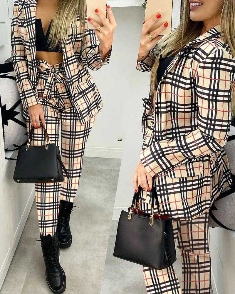 

Plaid Print Blazer Coat & Paperbag Waist Pants Set, Apricot