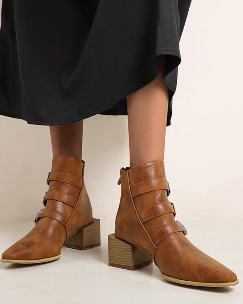 

Square-toe Splicing Triple Buckle Ankle Boots, Brown