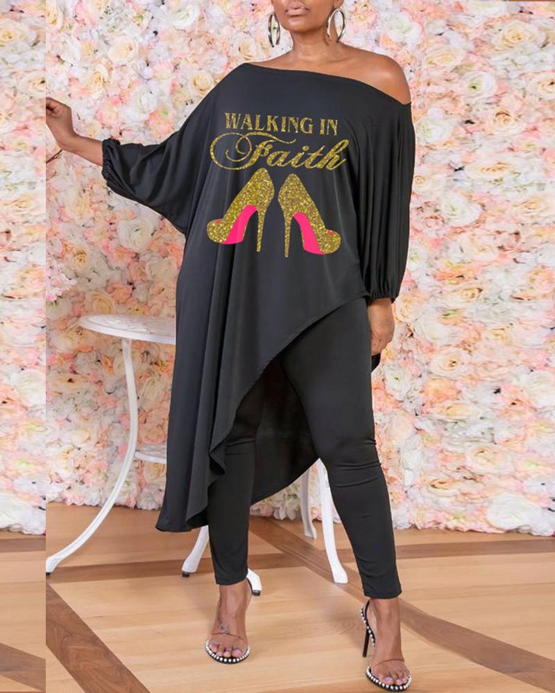 

Batwing Sleeve Letter Graphic Print Slit Top & Pants Set, Black