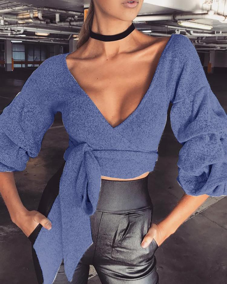 

Plunge Neck Puffed Sleeve Tie Waist Crop Top, Blue