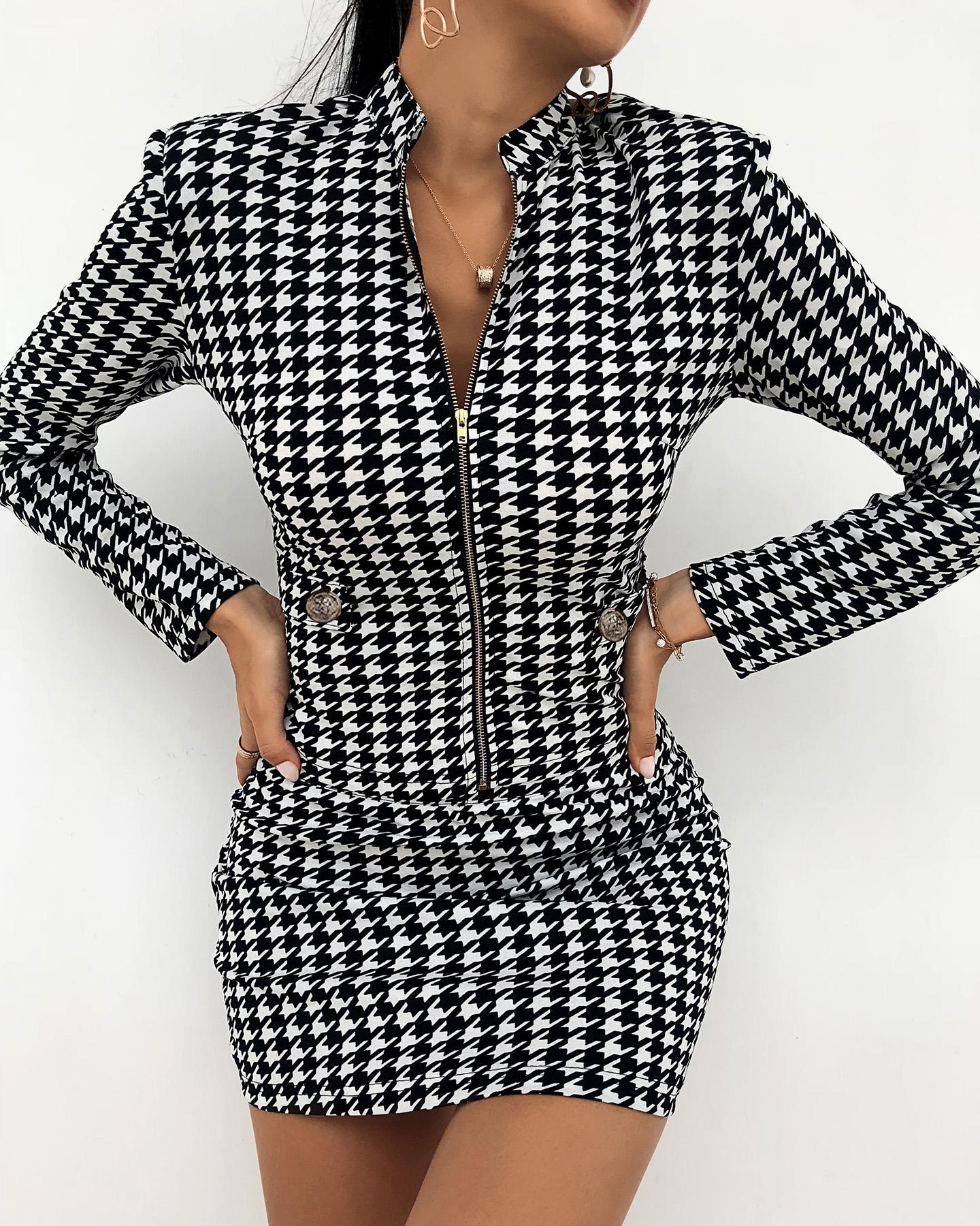 

Grid Longn Sleeve Skiny Suit Skirts Suit Sets, Black