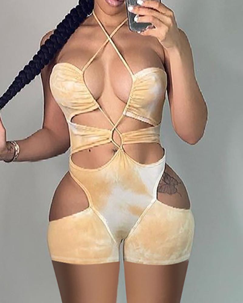 

Tie Dye Print Halter Cutout Skinny Romper, Khaki