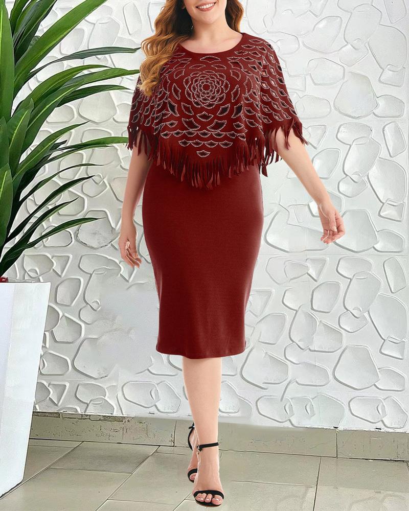 

Plus Size Rhinestone Hollow Out Cloak Design Midi Dress, Wine red