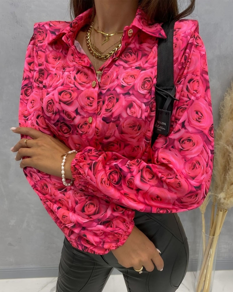 

Allover Floral Print Button Front Long Sleeve Shirt, Red