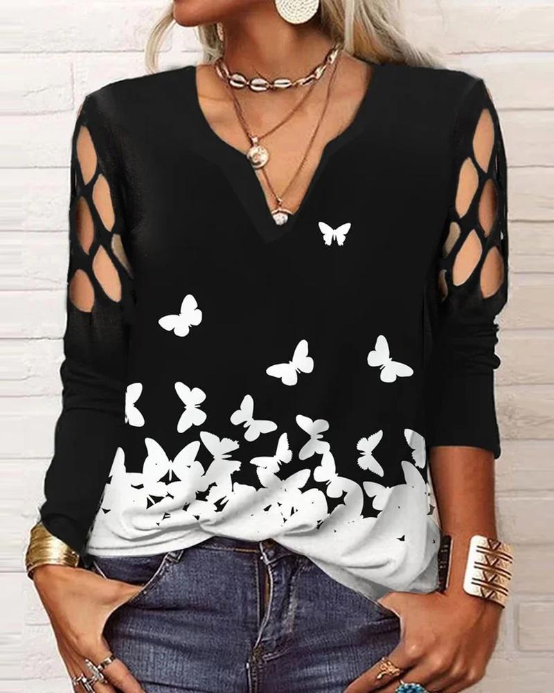 

Butterfly Print Hollow Out Long Sleeve Top, Black