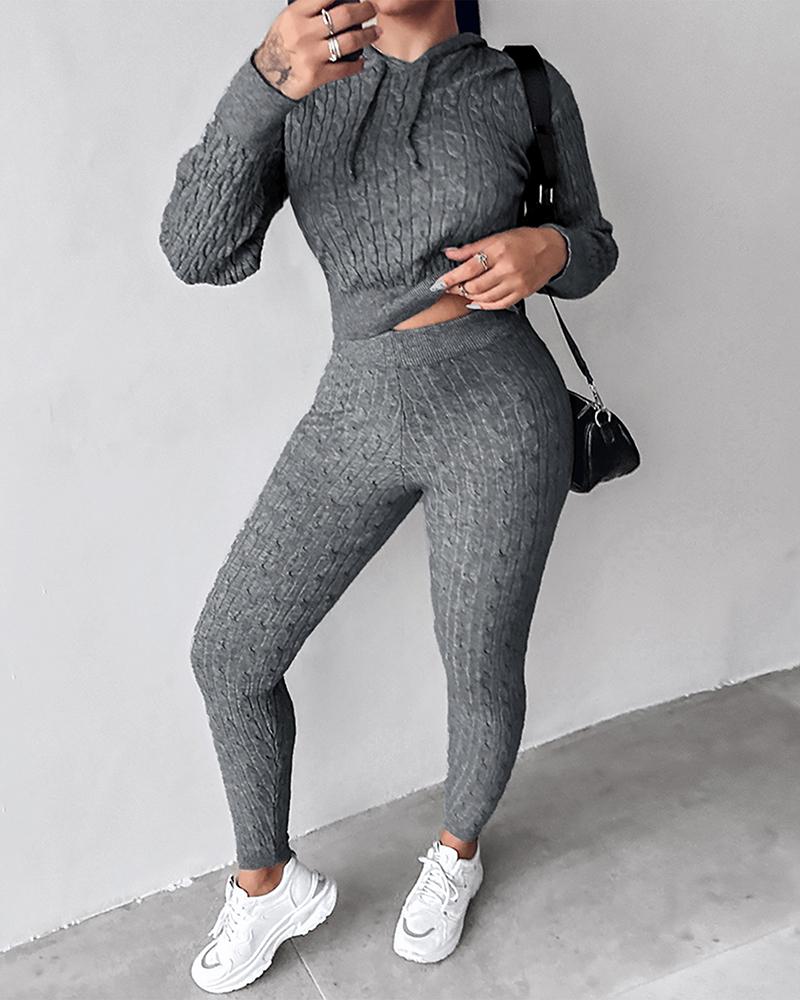 

Long Sleeve Cable Knit Hooded Sweater & Pants Set, Gray