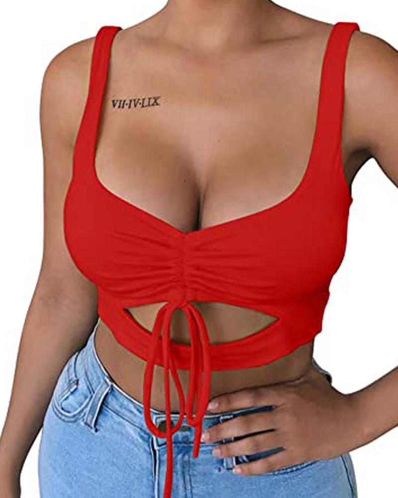 

Drawstring Ruched Cutout Front Crop Top, Red