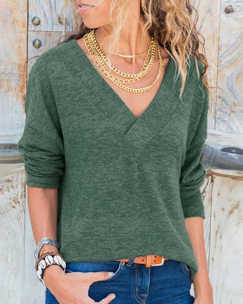 

V Neck Long Sleeve Casual Sweater, Green