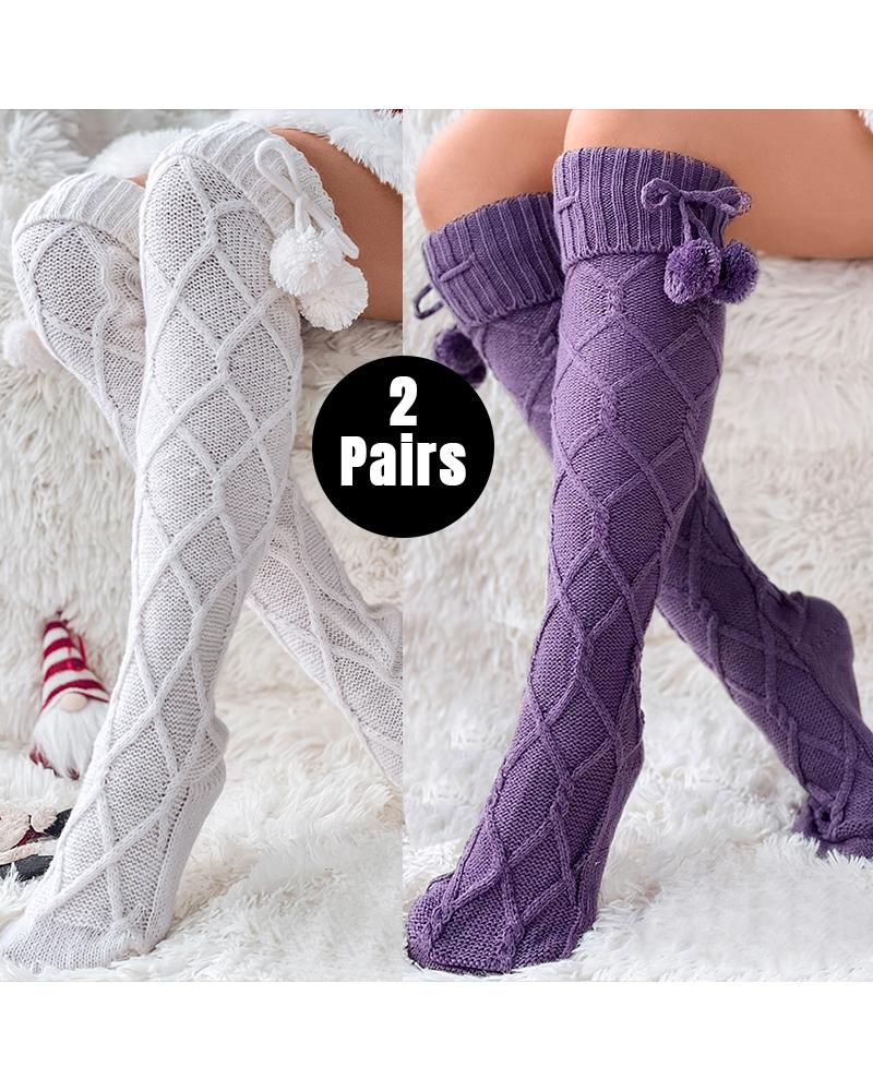 

2 pares de calcetines de punto trenzado hasta el muslo con bolas de felpa y botas altas por encima de la rodilla para invierno, Style1