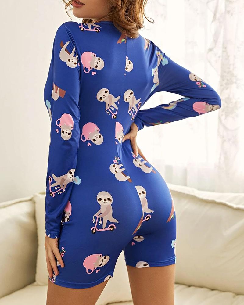 

All Over Print Plunge Long Sleeve Lounge Romper, Style3