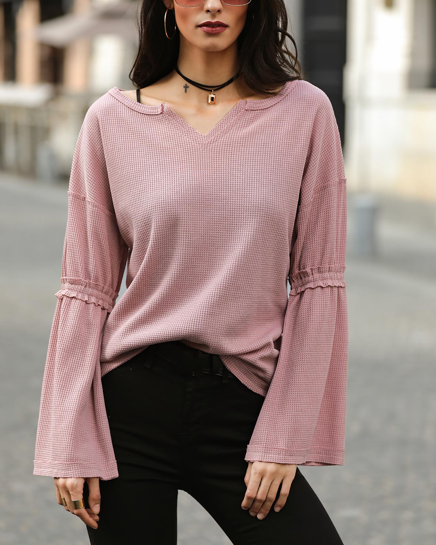 

Solid Bell Sleeve Casual Top, Pink