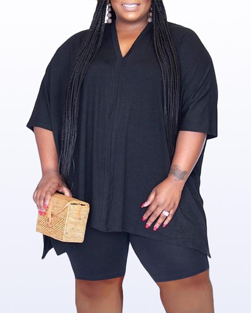 

Plus Size Plain Split Hem Casual Top & Shorts Set, Black