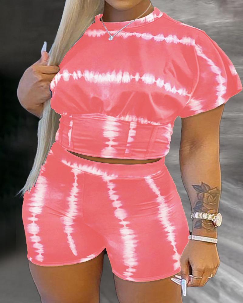 

Plus Size Tie Dye Print Crop Top & Shorts Set, Pink