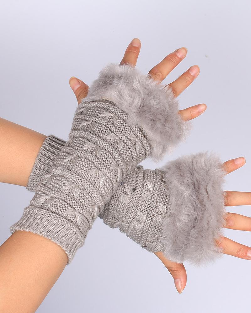 

1Pair Fuzzy Trim Bowknot Textured Knit Fingerless Gloves, Gray