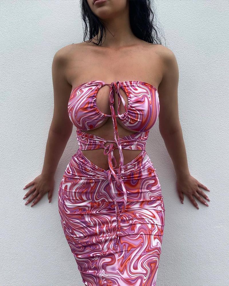 

Marble Print Hollow-Out Lace-Up Bodycon Dress, Hot pink