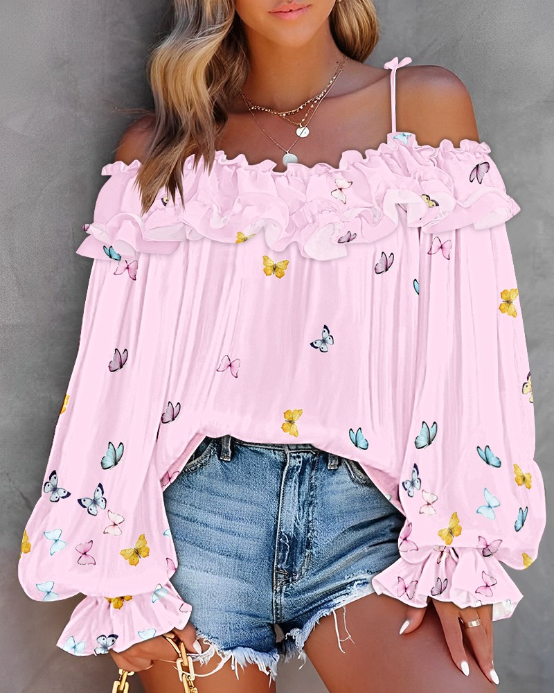 Butterfly Print Off the Shoulder Ruffles Blouse Casual