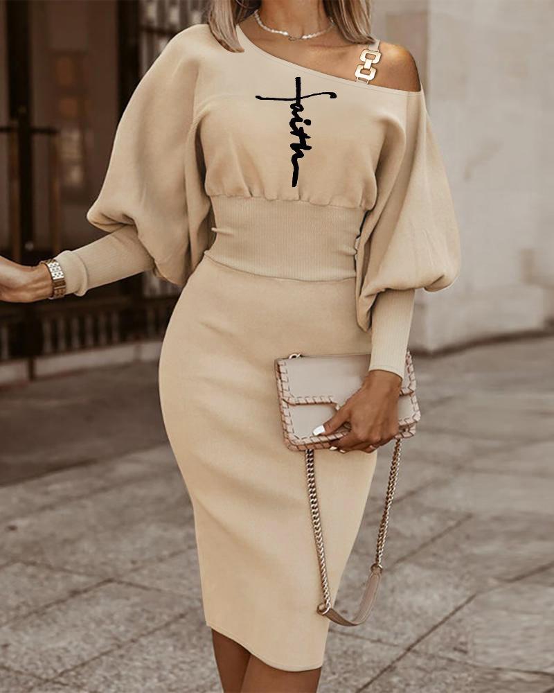 

Letter Print Cold Shoulder Lantern Sleeve Midi Dress, Apricot