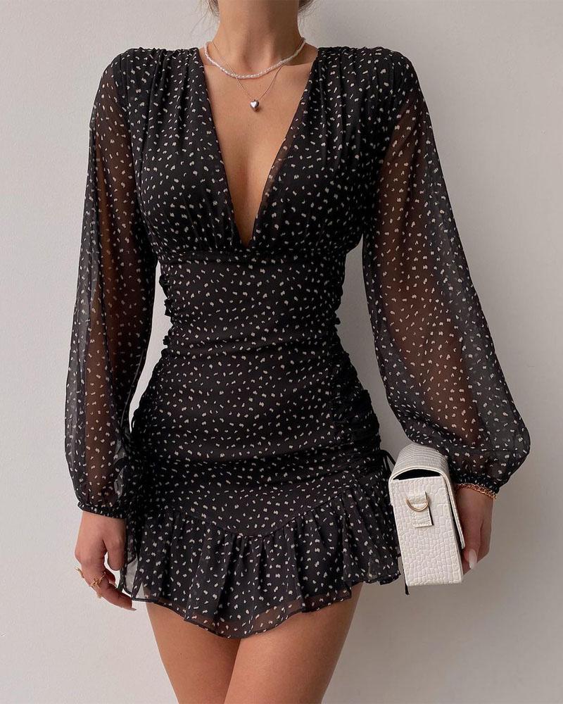 

All Over Print Ruffle Hem Ruched Bodycon Dress, Black
