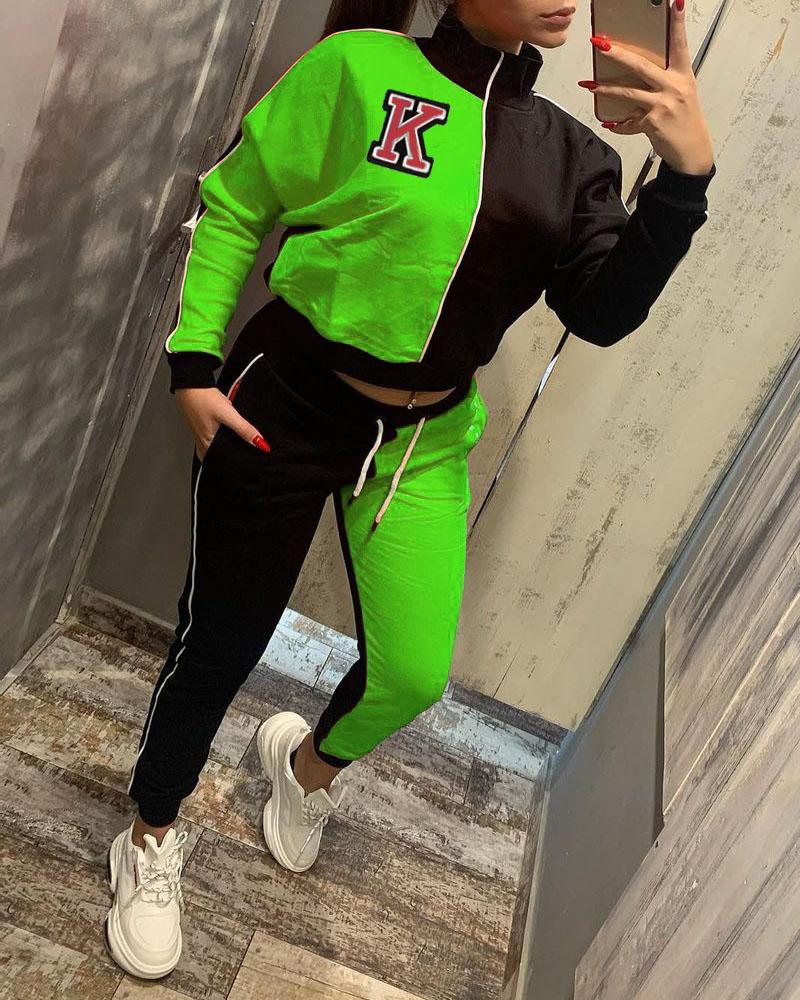 

Colorblock Long Sleeve Top & Drawstring Pants Set, Lvs green