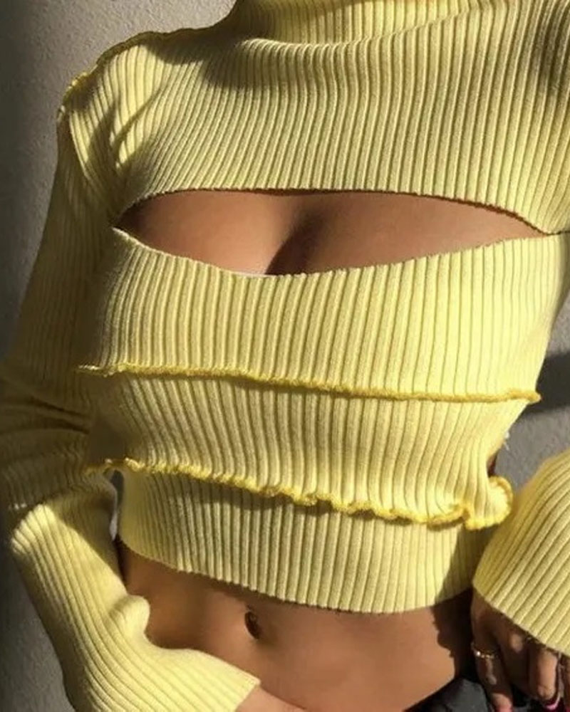 

Long Sleeve Cutout Front Crop Sweater, Yellow