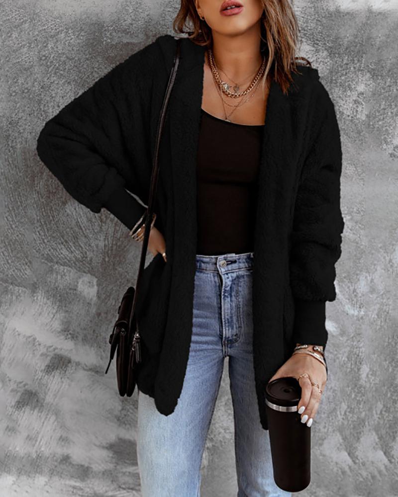 

Fluffy Lantern Sleeve Zip Front Teddy Coat, Black