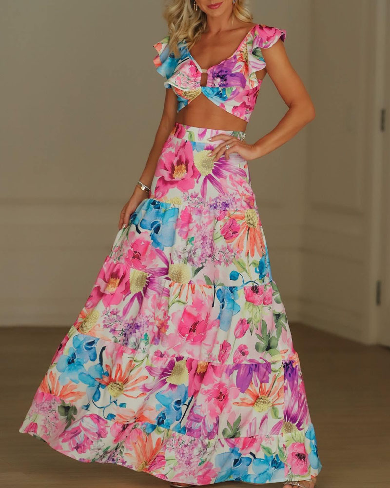 

Floral Print O-Ring Crop Top & Skirt Set, Pink