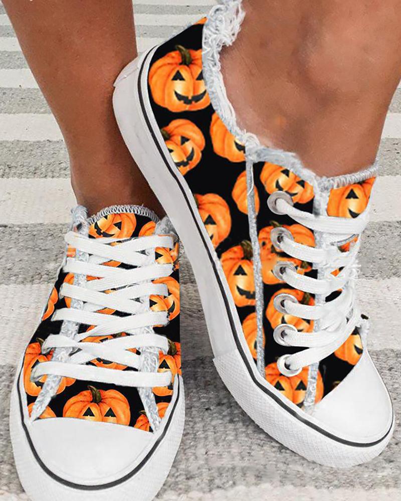

Halloween Pumpkin Print Fringe Hem Canvas Shoes, Orange
