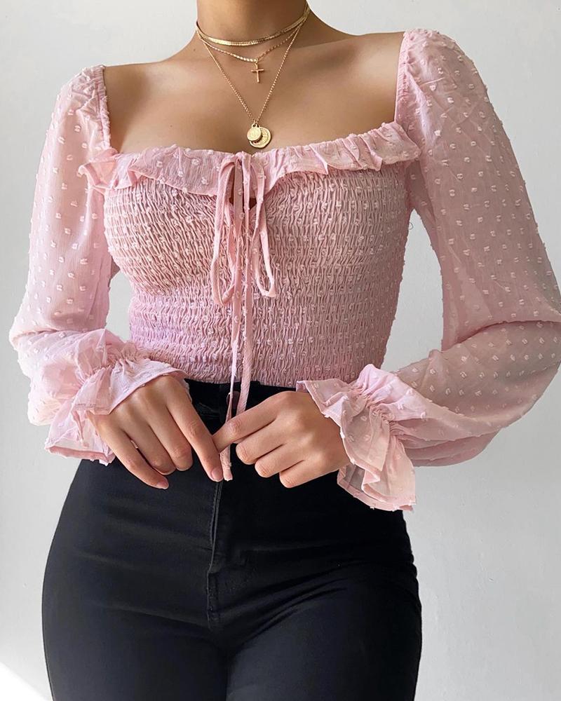 

Swiss Dot Shirring Detail Ruffles Tie Front Top, Pink